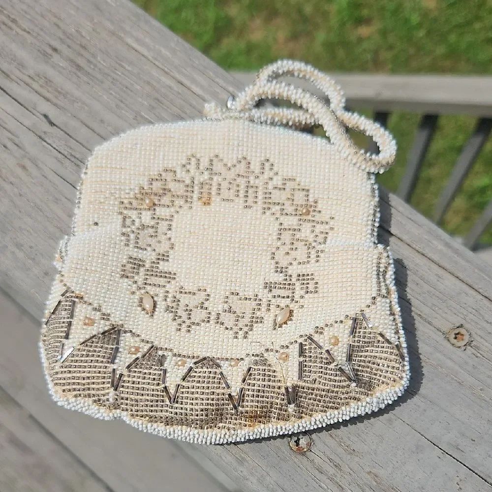 Vintage Beaded Evening Purse Coin Bag Cream Floral Pattern Art Deco Style